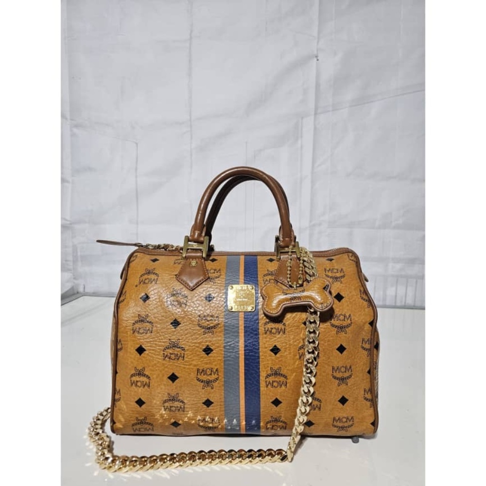 Authentic MCM Visetos Dog Bone Boston Bag Cognac
